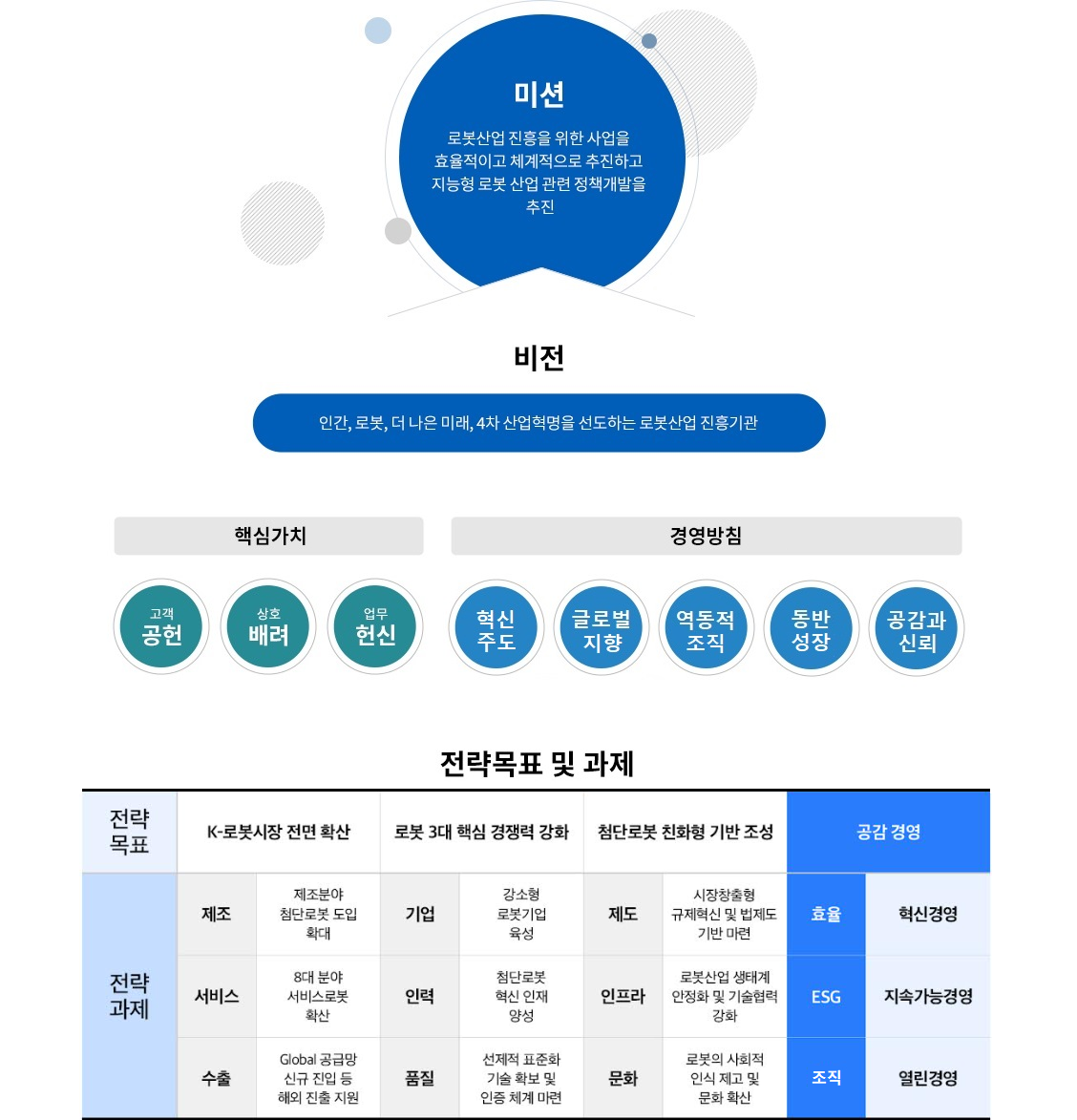 미션(mission):로봇산업 진흥을 위한 사업을 효율적이고 체계적으로 추진하고 지능형 로봇 산업 관련 정책개발을 추진.
	           	비전(vision):인간,로봇,더 나은미래,4차 산업혁명을 선도하는 로봇산업진흥기관.
	           	핵심가치(core value):고객공헌,상호배려,업무헌신. 경영방침(working principles):정체성커뮤니티,공명소통,혁신융합,능력창의성.
	           	전락목표 및 추진과제: K-로봇시장 전면 확산(1. 제조 분야 첨단로봇 도입 확대 2. 8대 분야 서비스로봇 확산 3. Global 공급망 신규 진입등 해외 진출지원)
	           	로봇 3대 핵심 경쟁력 강화(1. 강소형 로봇기업 육성 2. 첨단로봇 혁신 인재 양성 3. 선제적 표준화 기술 확보 및 인증체계 마련) 
	           	첨단로봇 친화형 기반 조성 (1. 시장창출형 규제혁신 및 법제도 기반 마련 2. 로봇산업 생태계 안정화 및 기술협력 강화 3. 로봇의 사회적 인식 제고 및 문화 확산) 
	           	혁신경영 5.0(1. 경영 효율성 제고 2. 지속가능경영 실천 3. 정보화 시스템 선진화)
